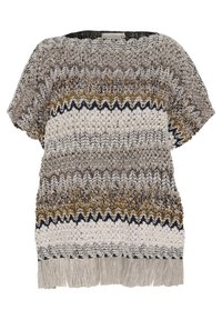 Kortärmad stickad tröja medTexturerade zigzagmönster i beige, grå, marinblå och senapsgul, med en fransad nederkant.