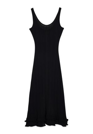 Vestito nero a costine con un corpetto aderente, scollatura a barchetta e orlo svasato con rifinitura arricciata in fondo. Design semplice e minimalista.