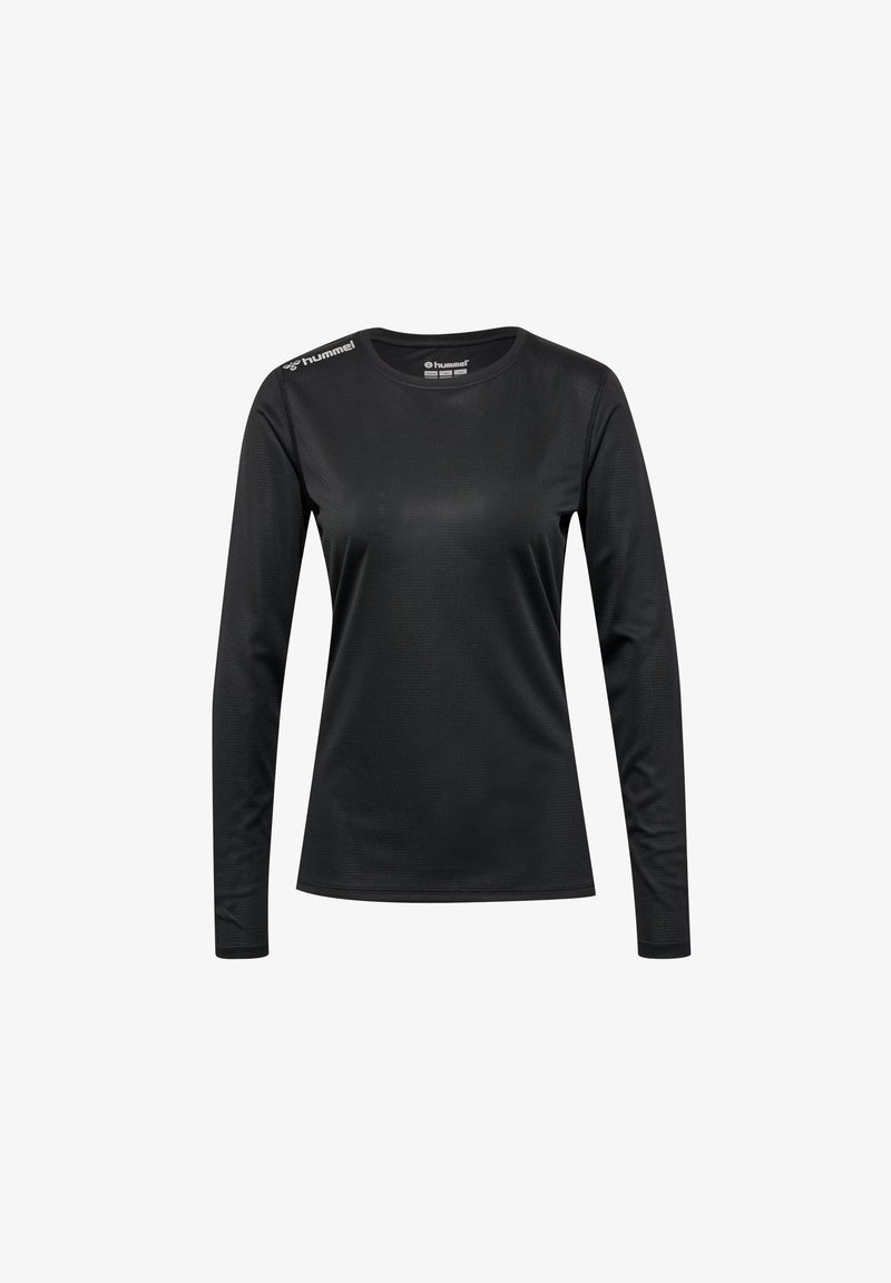 Schwarzes, langärmliges Sportshirt aus strukturiertem Material mit Rundhalsausschnitt und Logodetails an den Schultern.