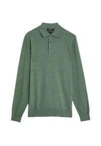 Zielona, długorękawowa koszula polo wykonana z miękkiego materiału. Posiada kołnierzyk, zapięcie na trzy guziki oraz ściągacze na mankietach i dolnej krawędzi.