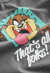 Grijze stof met het gezicht van een cartoonfiguur met een grote mond en uitgestoken tong, op een gekleurde achtergrond met de tekst "That's all folks!" in het wit.