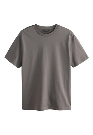Simpel grå T-shirt med korte ærmer og rund hals med løs pasform, vist mod en hvid baggrund.