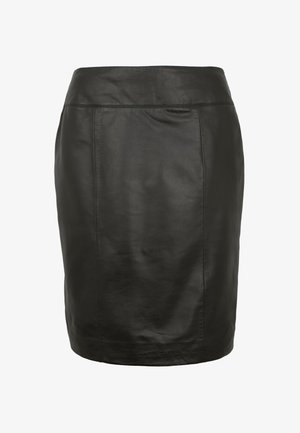 Black leather pencil skirt, smooth texture, fitted design, mid-thigh length, subtle stitching details, no visible hardware or accents.