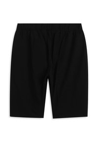 Pantalones cortos negros hechos de tela de algodón suave, con una cintura elástica y un ajuste relajado, sin patrones ni detalles visibles.