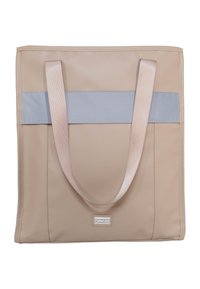 Borsa tote beige realizzata in materiale resistente, con una striscia orizzontale azzurro chiaro al centro e ampi manici rosa testurizzati.