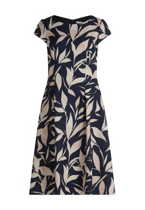 Granatowa sukienka w kształcie litery A z krótkimi rękawami, ozdobiona rozproszonym beżowym wzorem liści oraz z tylnym zamkiem błyskawicznym.
