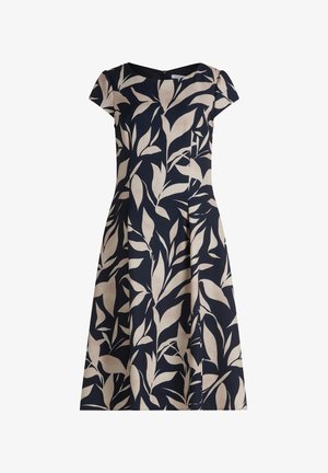 Granatowa sukienka w kształcie litery A z krótkimi rękawami, ozdobiona rozproszonym beżowym wzorem liści oraz z tylnym zamkiem błyskawicznym.