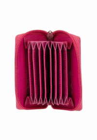 Cartera con cremallera rosa que cuenta con ocho compartimentos en estilo acordeón, exterior de textura suave y forro interior claro en contraste.