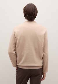 Maglione beige in morbido tessuto a maglia, con scollo tondo e maniche lunghe, indossato con pantaloni marroni, rifinito con polsini e orlo a coste.