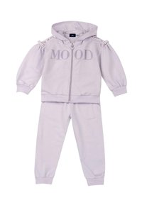 Ensemble de survêtement à capuche violet clair avec fermeture éclair sur le devant, comportant le texte "MOOD", des accents de poignets froncés et des bords côtelés.