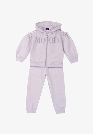 Hellblauer Kapuzen-Trainingsanzug mit durchgehendem Reißverschluss, der den Text "MOOD" trägt, geraffte Schulterakzente und gerippte Bündchen sowie Saum aufweist.