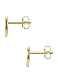 Złote kolczyki stud w kształcie okrągłego dysku z zapięciem typu motyl. Gładka powierzchnia, minimalistyczny styl, odpowiednie na różne okazje.