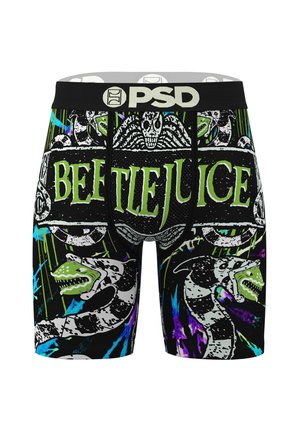 Schwarze Boxershorts mit einem Grafikdruck, der ein grünes "Beetlejuice"-Logo, Schlangen und Totenköpfe zeigt. Das Material wirkt elastisch und glatt.