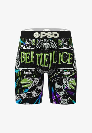 Black boxer shorts with a graphic print featuring a green "Beetlejuice" logo, snakes, and skulls. Material appears stretchy and smooth.