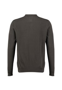 Maglione grigio scuro a maglia con maniche lunghe, scollatura rotonda e polsini a costine. Il materiale ha una superficie liscia, senza motivi o accenti visibili.