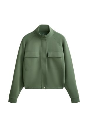 Green cropped jacket made of smooth fabric, featuring a high collar, two chest pockets, and ribbed cuffs. Minimalist design with a button closure.