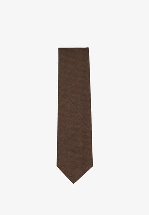 Cravate marron texturée pour homme avec une extrémité pointue, posée à plat sur fond blanc.