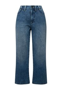 Vaqueros de talle alto y pernera ancha de color azul con rayas verticales. Cuenta con cierre de botón, trabillas para cinturón y bolsillos delanteros. Tejido de mezclilla suave.