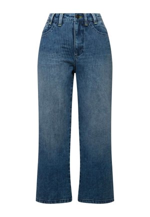 Jeans blu a vita alta e gamba larga con righe verticali. Presentano una chiusura con bottone, passanti per cintura e tasche frontali. Tessuto di denim morbido.