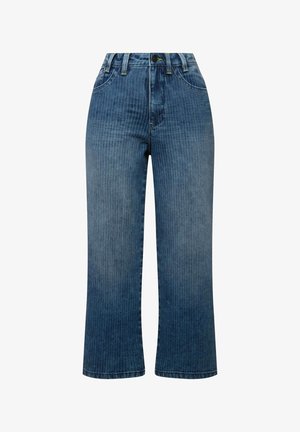 Højtaljede, brede blå jeans med lodrette striber. Har knaplukning, bæltestropper og forlommer. Blødt denimstof.