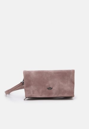 Pink suede clutch with a zip closure, featuring a small silver emblem. Includes a detachable wrist strap for easy carrying.