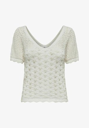 Hvid strikket top med V-hals, korte ærmer og et tekstureret åbent vævemønster. Bølgeformede kanter tilføjer detaljer til designet.