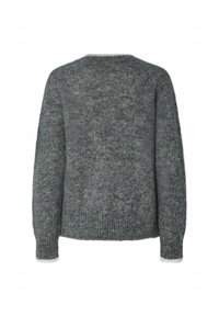 Pull en maille gris foncé à manches longues avec ourlet et poignets côtelés, présenté de dos sur fond blanc.