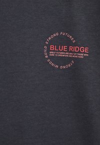 Tamsiai mėlynos medvilnės marškinėliai su ryškiai raudonu apvaliu tekstu, kuris skaito "BLUE RIDGE", su papildomomis frazėmis aplink jį.