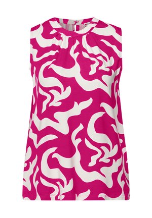 Ärmellose, pinke Bluse mit abstraktem weißen Wirbelmuster und leicht gerafftem Detail am Rundhalsausschnitt.