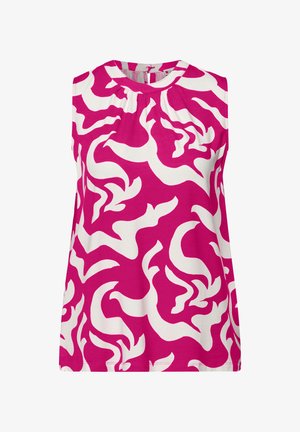 Ärmellose, pinke Bluse mit abstraktem weißen Wirbelmuster und leicht gerafftem Detail am Rundhalsausschnitt.