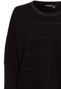 Schwarzer Pullover mit horizontalen metallischen Streifen, rundem Halsausschnitt und strukturiertem Strickstoff. Markenlabel: Marc Aurel, Größe 36.