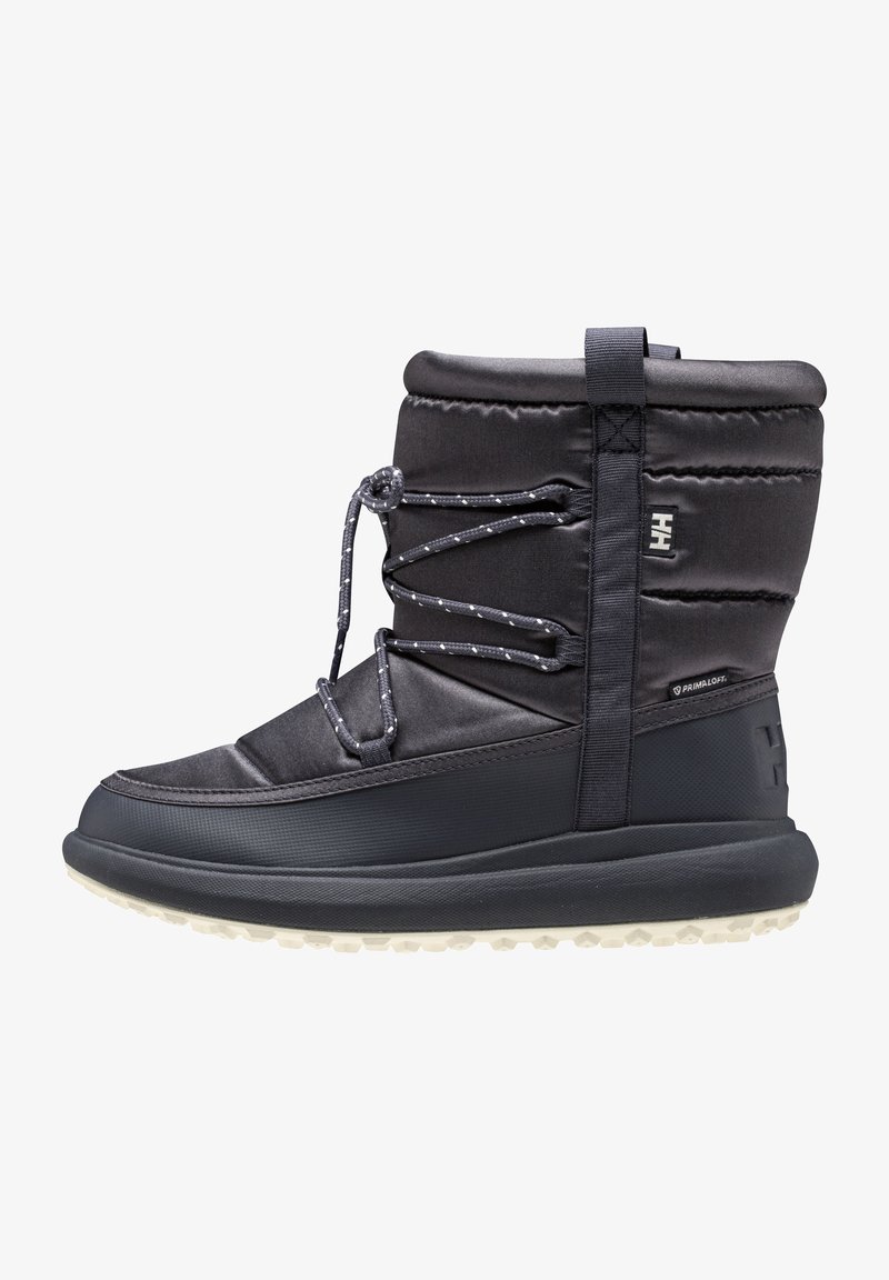 Black insulated boot with a textured upper, rubber sole, and lace system. Features a padded shaft and branding on the side.