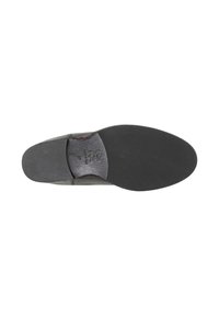 Sola di scarpa in pelle nera con superficie liscia, caratterizzata da un leggero tacco, logo impresso e motivo testurizzato per una presa migliore.