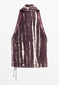 Sleeveless top in rich plum fabric with bold, vertical cream stripes. Features a high neck and adjustable ties at the hem. Lightweight and textured.