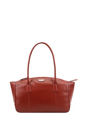 Red leather handbag with two long handles, zipper closure, and stitched vertical seams on smooth surface.