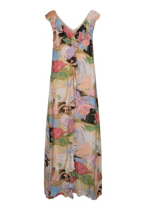 Robe maxi fleurie avec des fleurs roses, violettes et vertes, col en V, et volants en cascade à l'avant sur un fond pastel multicolore.