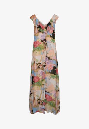 Robe maxi fleurie avec des fleurs roses, violettes et vertes, col en V, et volants en cascade à l'avant sur un fond pastel multicolore.