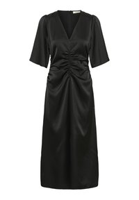 Mustmust, mis ilusast materjalist, millel on V-kujuline kaelus, lühikesed puhvärvid, ees rikutud detailid ja keskmise pikkusega seelik.