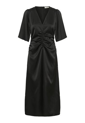 Mustmust, mis ilusast materjalist, millel on V-kujuline kaelus, lühikesed puhvärvid, ees rikutud detailid ja keskmise pikkusega seelik.