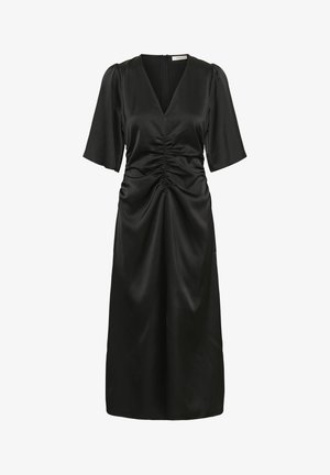 Black dress made of smooth fabric, featuring a V-neckline, short puff sleeves, front ruching, and a mid-length skirt.