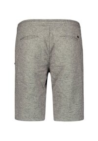 Gray shorts with a textured fabric, features two back pockets, and a small side pocket, classic waist design, and a button accent.