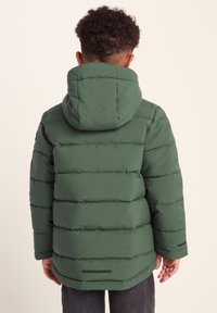Green puffer jacket with a hood, featuring a quilted design, elastic cuffs, and a textured finish. Back view showing minimal accents and details.