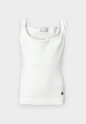 White ribbed sleeveless top with square neckline and small embroidered Vivienne Westwood logo near the hem.