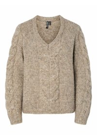 Beige gebreide trui met een V-hals, met kabelbreiddetails aan de voorkant en geribbelde manchetten. Zachte textuur en een losse pasvorm.