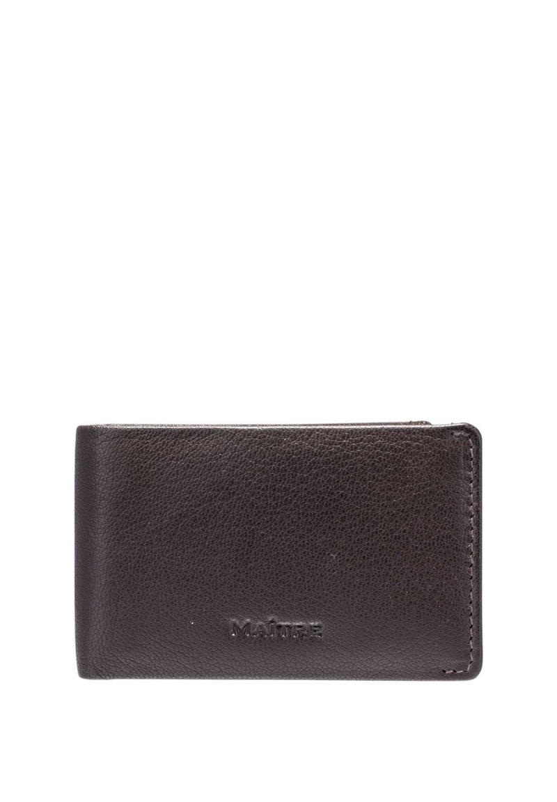 Portefeuille en cuir noir avec une surface texturée, de forme rectangulaire, bords cousus, arborant un logo de marque subtilement embossé à l'avant.