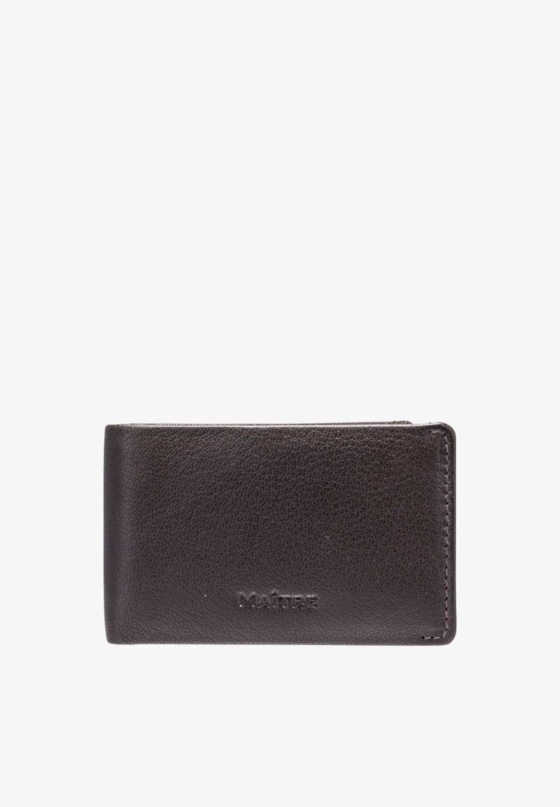 Black leather wallet with a textured surface, rectangular shape, stitched edges, featuring a subtle embossed brand logo on the front.