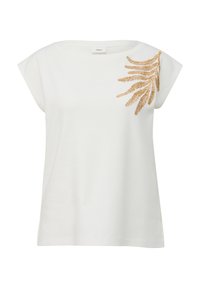 T-shirt en coton blanc à manches courtes, ornée d'une broderie de feuille de fougère dorée sur l'épaule gauche et d'une coupe décontractée.