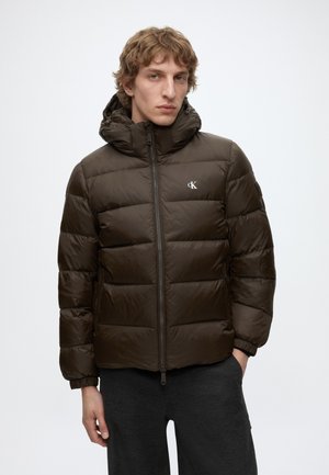 Young man wearing a dark brown puffer jacket with a hood and zipped front, standing against a plain white background.