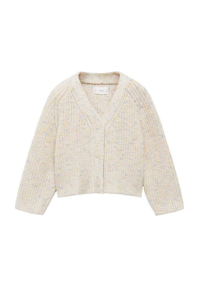 Gräddfärgad, kort cardigan med V-hals, strukturerad stickad mönster och tre stora, ljusa knappar fram. Mjuk, varm material.
