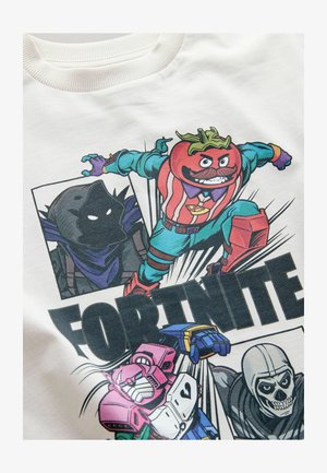 Korte mouwen witte T-shirt met een kleurrijke graphic print van cartoonfiguren uit Fortnite, waaronder een tomaat, skelet en robot.